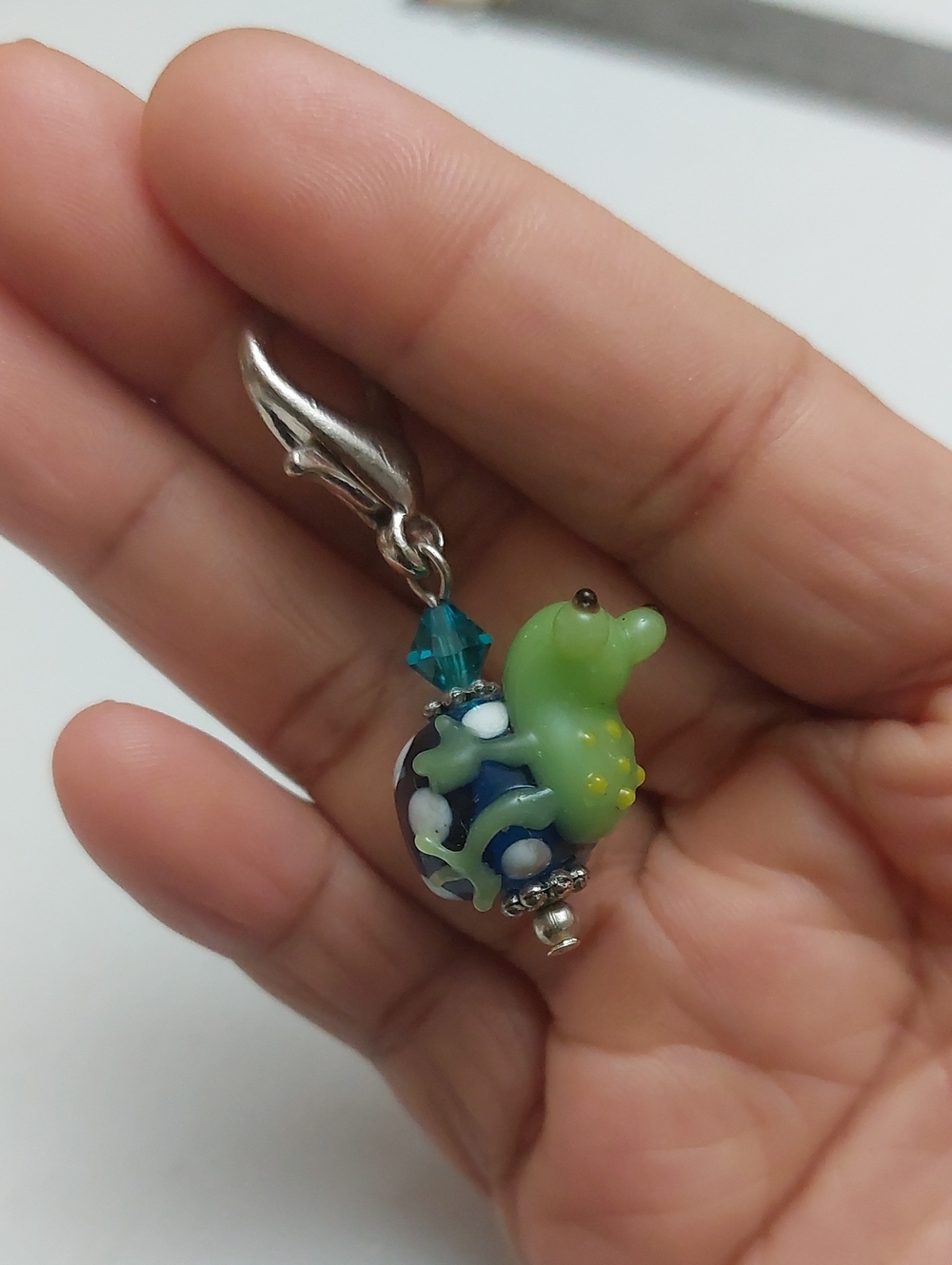 Whimsical Artisan Beadwork Froggie Friend Frog Lampwork Glass Pendant - Flawed